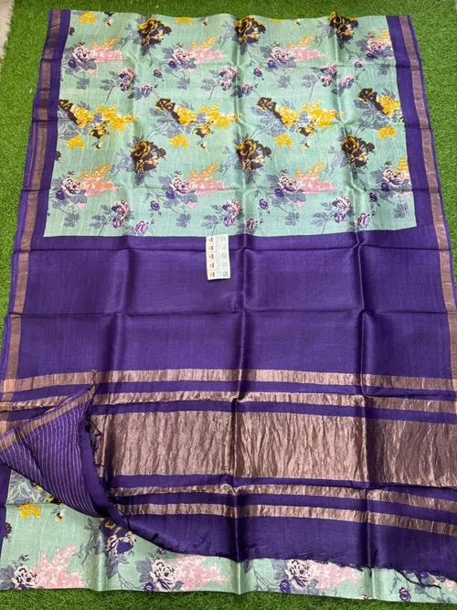 Tussar Silk Saree Kalamkari Print Pure Soft Zari Weaving Contrast Border And Pallu Attach Blouse Piece
